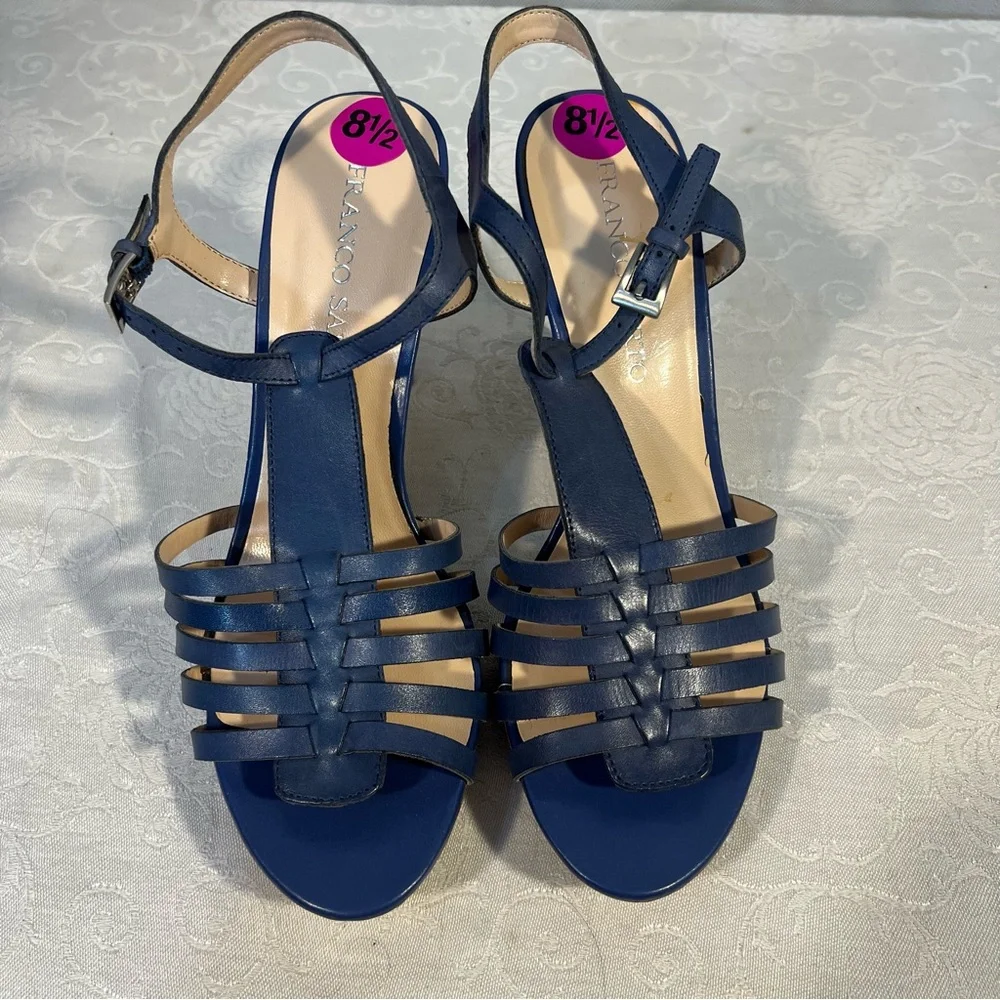 Franco Sarto Sandals Blue Leather Woven Strappy 4” Heels Buckle Closure 8.5👍
